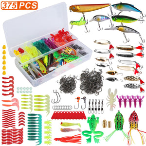 375Pcs Fishing Baits And Tackle Box Saltwater Freshwater Fishing Lures Kit Lifelike Popper Crankbaits Crickets Frogs Spoon Lures Maggots